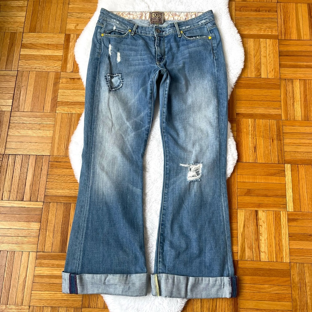 RICH & SKINNY Footloose Vtg Distressed Patchwork Flare Jeans Size 30 Made in USA